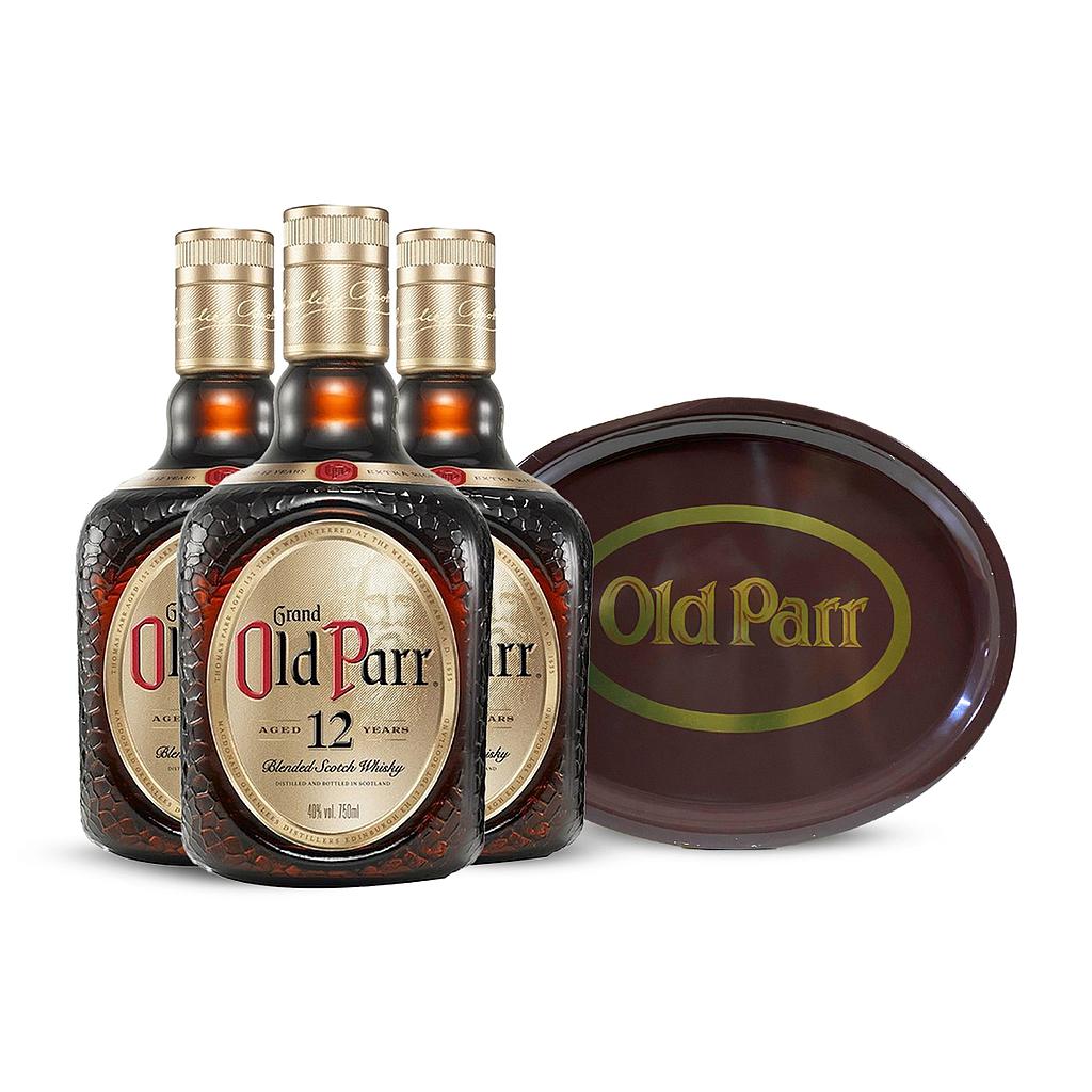 3 WHISKY ESCOCES OLD PARR 12 AÑOS 1 L + BANDEJA DE OBSEQUIO